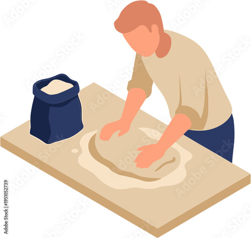 Man kneading dough on table with flour bag nearby indoors