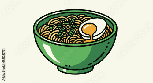 Green bowl of ramen noodles with egg and green onions