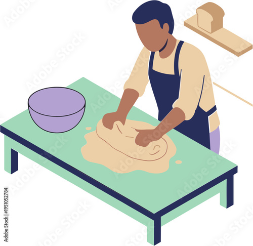 Man kneading dough on table with bowl and rolling pin nearby in kitchen
