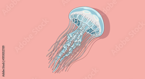 Illustration of a blue jellyfish with tentacles on pink background