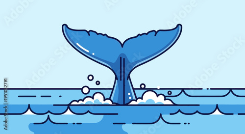 Blue whale tail diving into ocean waves, minimalist illustration