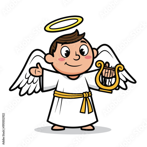 Cute cartoon angel with halo wings white robe golden sash and lyre giving a thumbs up on white background