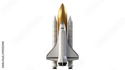 Bilde på lerret Detailed space shuttle with golden external tank and solid rocket boosters, isol