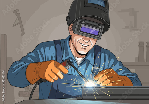 Welder in protective mask welding metal with sparks