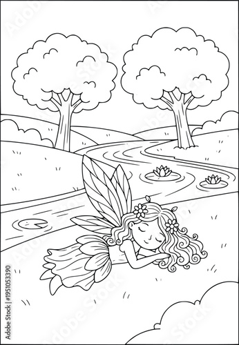  Coloring page cute fairy sleeping by peaceful riverside meadow