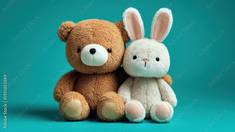 Fototapeta premium Playful teddy bear and fluffy bunny in soft colors