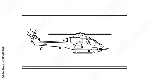 Line Art Illustration of a Military Attack Helicopter in Flight Between Two Lines