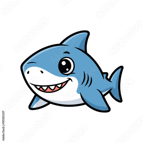 Cute cartoon baby shark smiling happily on a white background