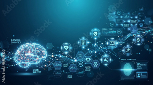 Artificial intelligence neural analytics visualize brain diagnostics with biometric authentication and health data network for predictive modeling and patient vitals monitoring