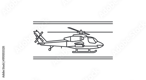 Line Art Illustration of an Attack Helicopter on a Runway