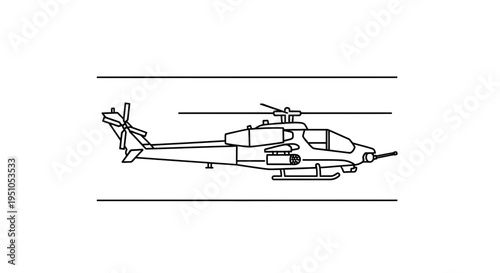 Line Art Illustration of an Attack Helicopter in Side View