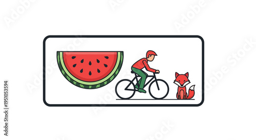 Man cycling past watermelon and fox, whimsical illustration, healthy lifestyle, summer fun
