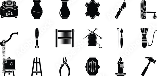 A collection of eighteen black flat vector icons representing various crafts and creative hobbies