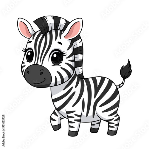 Cute cartoon baby zebra character standing on a white background
