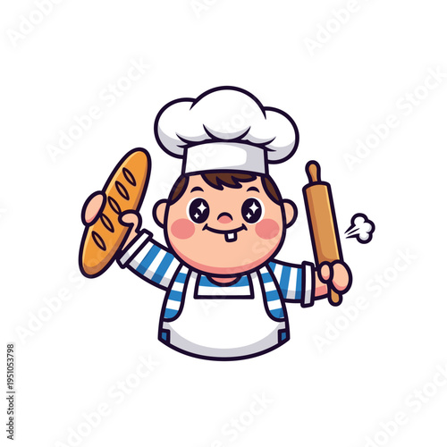 Cute cartoon baker boy holding baguette and rolling pin with a happy smile