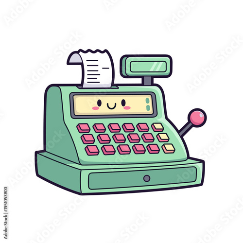 Cute cartoon cash register with a friendly happy face and receipt