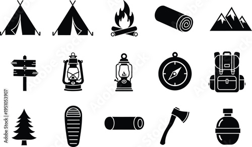 A collection of fifteen black and white vector icons representing various camping and hiking gear