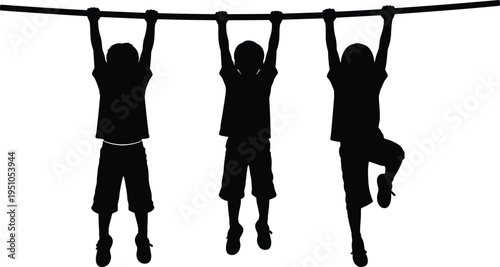 Kids hanging on bar silhouettes, playful children climbing monkey bars playground activity isolated on white background flat vector illustration