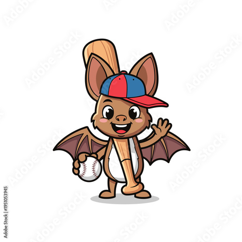 Cute cartoon bat character wearing a baseball cap, holding a baseball bat and ball, waving cheerfully