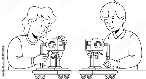 Kids learning photography with camera, children operating filming equipment education creativity technology class outline coloring flat vector illustration