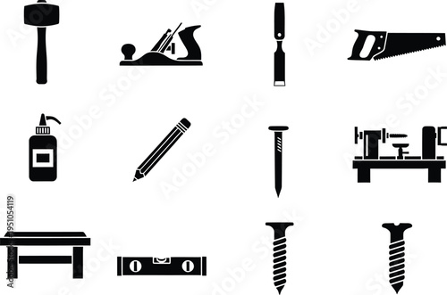 A collection of twelve black silhouette icons representing various woodworking and hardware tools
