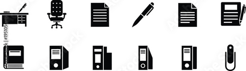 A collection of black silhouette icons representing various office supplies and workplace equipment