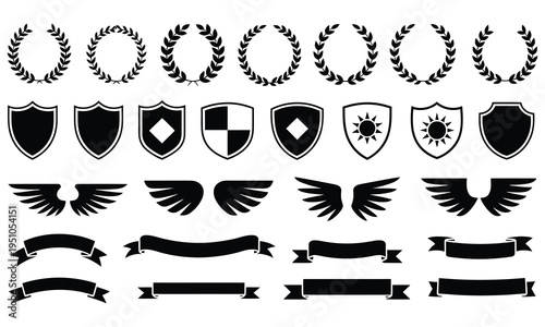 A collection of black silhouette laurel wreaths, heraldic shields, spread wings, and decorative ribbons on a white background