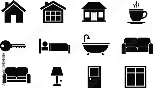 A collection of black icons representing various household objects and common residential features