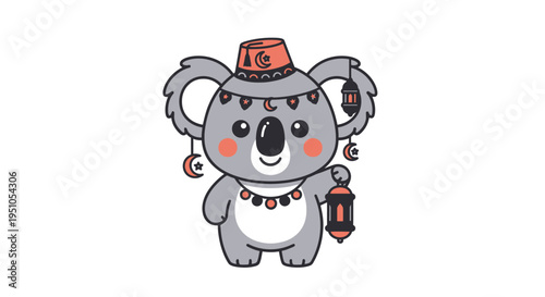 Adorable Koala Celebrating Ramadan with Lantern and Festive Attire.