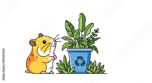 Adorable Hamster with Plant in Recycle Pot Illustration.