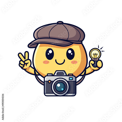 Cute cartoon character photographer wearing a hat holding a camera a light bulb and making a peace sign