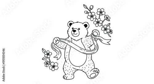 Bear with Ribbon and Flowers Coloring Page for Kids.