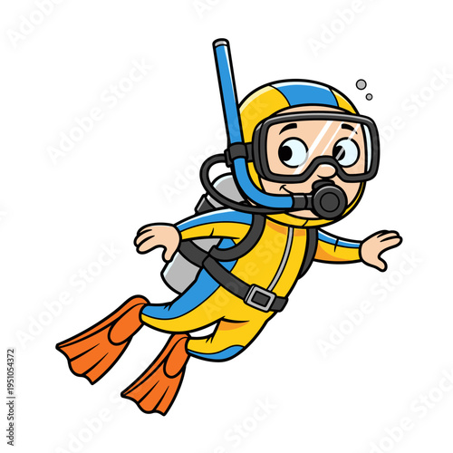 Cute cartoon child wearing scuba diving gear with snorkel and fins