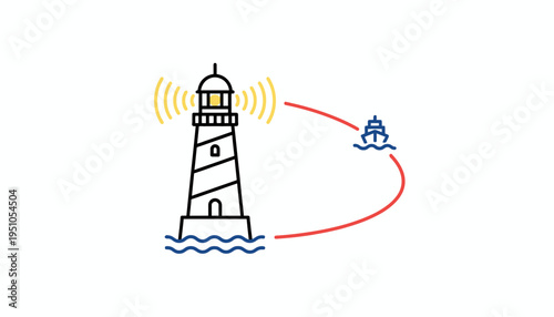 Lighthouse guiding ship at sea with signal light, navigation and safety concept