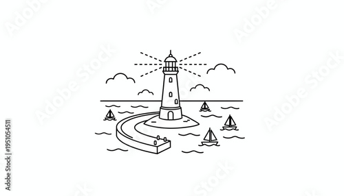 Lighthouse guiding sailboats at sea, minimalist line art illustration