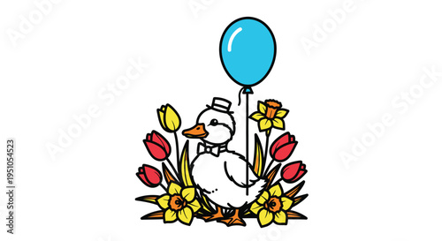 Cartoon Duck with Balloon and Flowers Illustration.