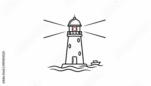 Lighthouse Guiding Ship at Sea, Nautical Navigation Beacon, Coastal Safety Symbol