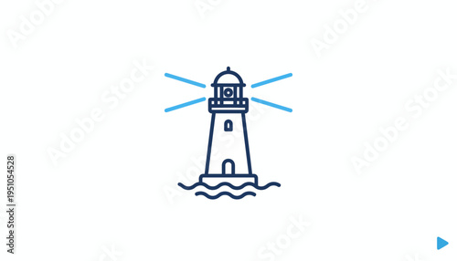 Lighthouse guiding ships at sea with light beam, maritime navigation symbol, vector illustration