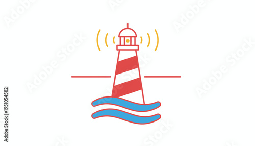 Lighthouse guiding ships with light beam, warning signal, nautical navigation, ocean waves