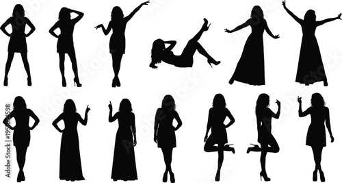 Black silhouettes of diverse adults shaking hands, jumping for success, walking together, and posing for business and social community concepts. (20 words)