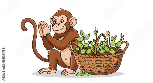Cartoon Monkey with Basket of Plants Illustration.