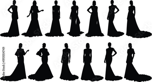 Set of elegant woman silhouettes wearing long evening gowns and wedding dresses for formal events, bridal fashion, and luxury celebrations.