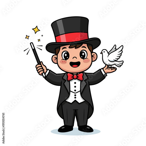 Cute cartoon boy magician in tuxedo holding a magic wand and a white dove