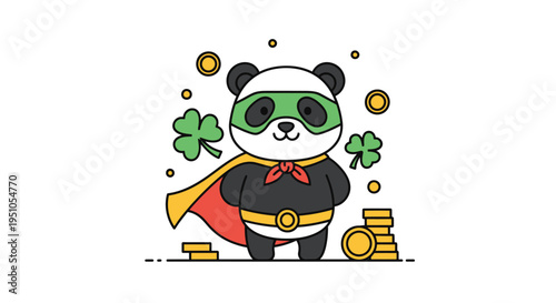 Cartoon Panda Superhero with Clovers and Gold Coins Illustration.