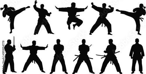 Set of martial arts silhouettes featuring karate fighters, samurai with swords, ninja warriors, kung fu poses, kicking, jumping, and combat training.