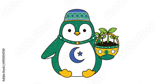 Cartoon Penguin Celebrating Ramadan with Crescent Moon and Plant.
