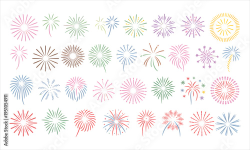 A colorful collection of various celebratory firework burst icons and sparkling elements displayed on a white surface