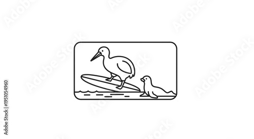 Kiwi Bird Surfing on Surfboard with Seal in Ocean Waves, Line Art