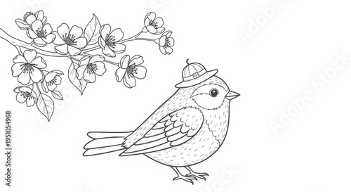 Charming Bird with Hat and Blossoms - A Detailed Line Art Illustration.