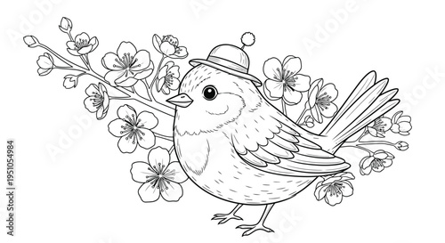 Charming Bird with Hat Coloring Page - A Whimsical Avian Illustration.